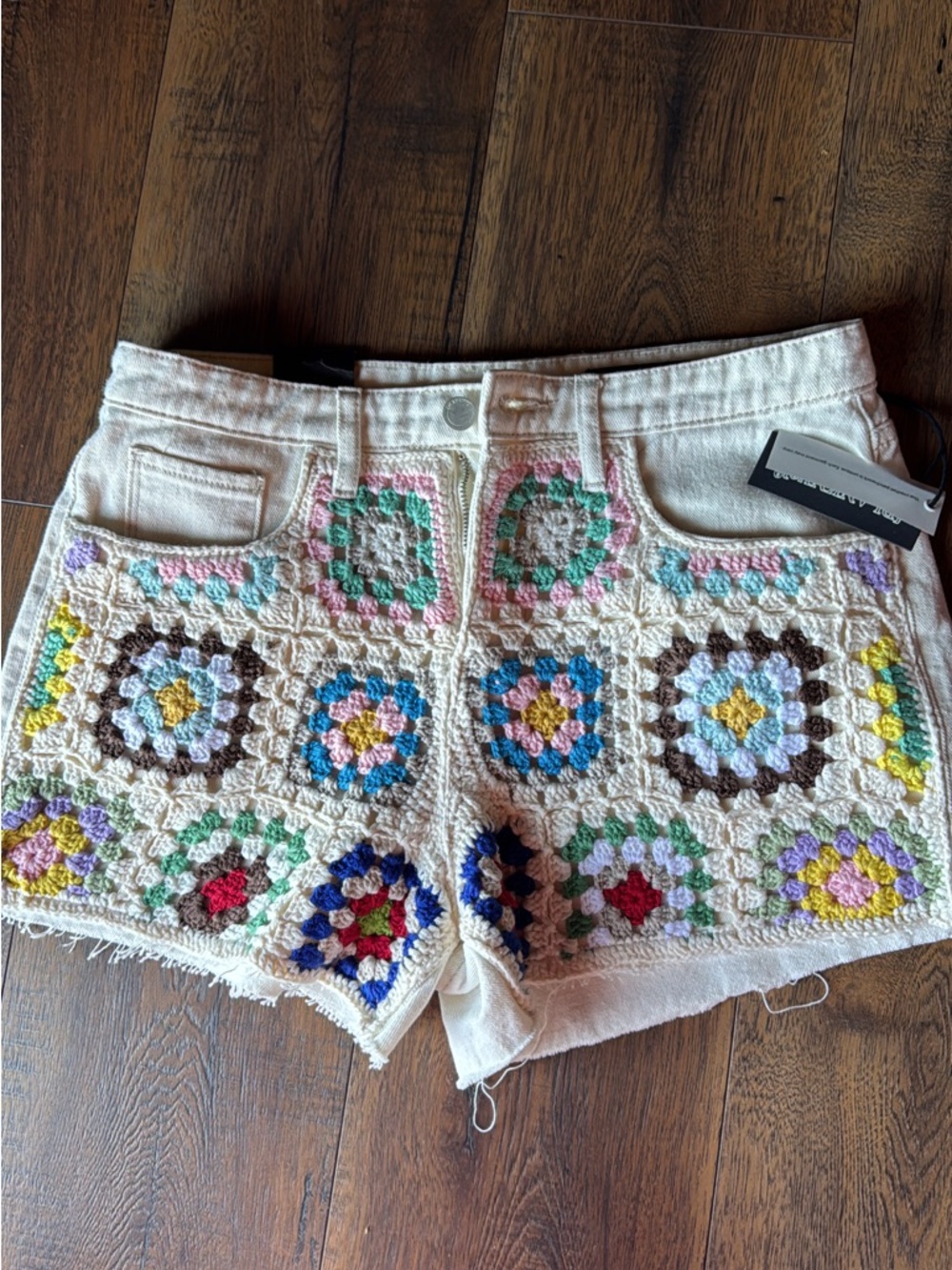 Cream Crochet Panel Jean Shorts with Multicolor Squares - Women's